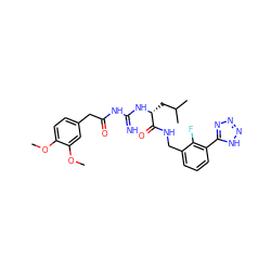 COc1ccc(CC(=O)NC(=N)N[C@H](CC(C)C)C(=O)NCc2cccc(-c3nnn[nH]3)c2F)cc1OC ZINC000299825910