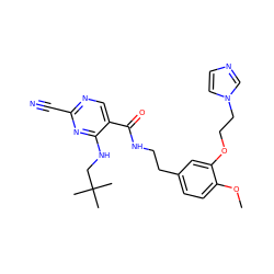 COc1ccc(CCNC(=O)c2cnc(C#N)nc2NCC(C)(C)C)cc1OCCn1ccnc1 ZINC000014972118