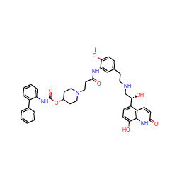 COc1ccc(CCNC[C@H](O)c2ccc(O)c3[nH]c(=O)ccc23)cc1NC(=O)CCN1CCC(OC(=O)Nc2ccccc2-c2ccccc2)CC1 ZINC000299861296