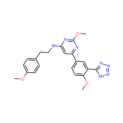 COc1ccc(CCNc2cc(-c3ccc(OC)c(-c4nnn[nH]4)c3)nc(OC)n2)cc1 ZINC000066102739