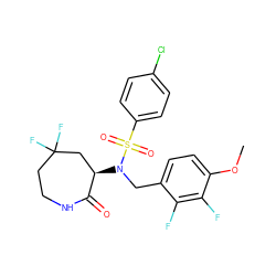 COc1ccc(CN([C@@H]2CC(F)(F)CCNC2=O)S(=O)(=O)c2ccc(Cl)cc2)c(F)c1F ZINC000029129958