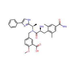 COc1ccc(CN(C(=O)[C@@H](N)Cc2c(C)cc(C(N)=O)cc2C)[C@H](C)c2nc(-c3ccccc3)c[nH]2)cc1C(=O)O ZINC000116378679