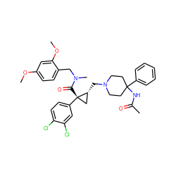 COc1ccc(CN(C)C(=O)[C@]2(c3ccc(Cl)c(Cl)c3)C[C@H]2CN2CCC(NC(C)=O)(c3ccccc3)CC2)c(OC)c1 ZINC000066074109