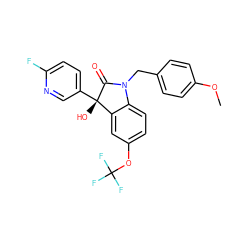 COc1ccc(CN2C(=O)[C@@](O)(c3ccc(F)nc3)c3cc(OC(F)(F)F)ccc32)cc1 ZINC000096907191