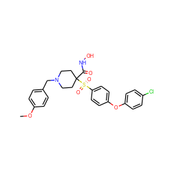 COc1ccc(CN2CCC(C(=O)NO)(S(=O)(=O)c3ccc(Oc4ccc(Cl)cc4)cc3)CC2)cc1 ZINC000026481270