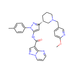 COc1ccc(CN2CCC[C@@H](c3cc(NC(=O)c4cnn5cccnc45)n(-c4ccc(C)cc4)n3)C2)cn1 ZINC000204763100