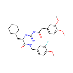 COc1ccc(CNC(=O)[C@@H](CC2CCCCC2)NC(=N)NC(=O)Cc2ccc(OC)c(OC)c2)cc1F ZINC000299827664