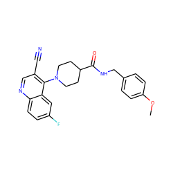 COc1ccc(CNC(=O)C2CCN(c3c(C#N)cnc4ccc(F)cc34)CC2)cc1 ZINC000038653601