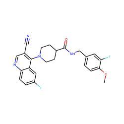 COc1ccc(CNC(=O)C2CCN(c3c(C#N)cnc4ccc(F)cc34)CC2)cc1F ZINC001772620257