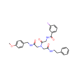 COc1ccc(CNC(=O)CN(CC(=O)NCCc2ccccc2)C(=O)CNC(=O)c2cccc(I)c2)cc1 ZINC000028523109