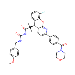 COc1ccc(CNC(=O)NC(=O)C(C)(C)[C@@H]2c3ccc(-c4ccc(C(=O)N5CCOCC5)cc4)nc3Oc3c(F)cccc32)cc1 ZINC000299825475