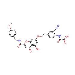 COc1ccc(CNC(=O)c2cc(=O)c3c(O)cc(OCCc4ccc(NC(=O)C(=O)O)c(C#N)c4)cc3o2)cc1 ZINC000014980337