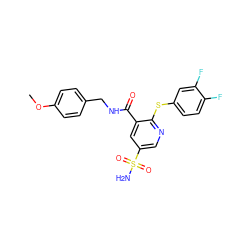 COc1ccc(CNC(=O)c2cc(S(N)(=O)=O)cnc2Sc2ccc(F)c(F)c2)cc1 ZINC000049071645