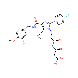 COc1ccc(CNC(=O)c2nc(-c3ccc(F)cc3)n(CC[C@@H](O)C[C@@H](O)CC(=O)O)c2C2CC2)cc1F ZINC000071280723
