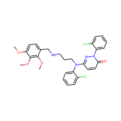 COc1ccc(CNCCCN(c2ccc(=O)n(-c3ccccc3Cl)n2)c2ccccc2Cl)c(OC)c1OC ZINC000014961548