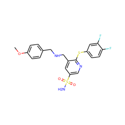 COc1ccc(CNCc2cc(S(N)(=O)=O)cnc2Sc2ccc(F)c(F)c2)cc1 ZINC000049114465