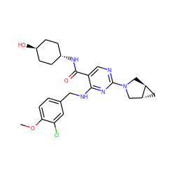 COc1ccc(CNc2nc(N3C[C@H]4C[C@@H]4C3)ncc2C(=O)N[C@H]2CC[C@H](O)CC2)cc1Cl ZINC001772585234