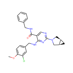 COc1ccc(CNc2nc(N3C[C@H]4C[C@H]4C3)ncc2C(=O)NCc2ccccc2)cc1Cl ZINC000211323089