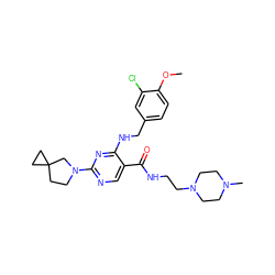 COc1ccc(CNc2nc(N3CCC4(CC4)C3)ncc2C(=O)NCCN2CCN(C)CC2)cc1Cl ZINC000211322586