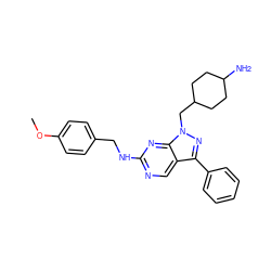 COc1ccc(CNc2ncc3c(-c4ccccc4)nn(CC4CCC(N)CC4)c3n2)cc1 ZINC000084709285