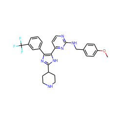 COc1ccc(CNc2nccc(-c3[nH]c(C4CCNCC4)nc3-c3cccc(C(F)(F)F)c3)n2)cc1 ZINC000004617901