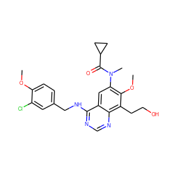 COc1ccc(CNc2ncnc3c(CCO)c(OC)c(N(C)C(=O)C4CC4)cc23)cc1Cl ZINC000045349560