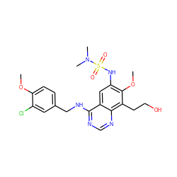 COc1ccc(CNc2ncnc3c(CCO)c(OC)c(NS(=O)(=O)N(C)C)cc23)cc1Cl ZINC000045349283