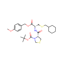 COc1ccc(COC(=O)[C@H](CSCC2CCCCC2)NC(=O)[C@@H]2CSCN2C(=O)OC(C)(C)C)cc1 ZINC000028005571