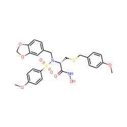 COc1ccc(CSC[C@H](C(=O)NO)N(Cc2ccc3c(c2)OCO3)S(=O)(=O)c2ccc(OC)cc2)cc1 ZINC000028236722