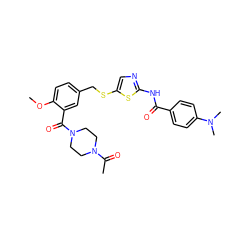 COc1ccc(CSc2cnc(NC(=O)c3ccc(N(C)C)cc3)s2)cc1C(=O)N1CCN(C(C)=O)CC1 ZINC000036184830