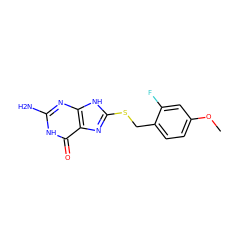 COc1ccc(CSc2nc3c(=O)[nH]c(N)nc3[nH]2)c(F)c1 ZINC000653876538