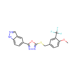 COc1ccc(CSc2nnc(-c3ccc4[nH]ncc4c3)o2)cc1C(F)(F)F ZINC000040893993