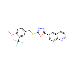 COc1ccc(CSc2nnc(-c3ccc4ncccc4c3)o2)cc1C(F)(F)F ZINC000040395772