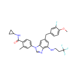 COc1ccc(Cc2cc(NCCC(F)(F)F)c3ncn(-c4ccc(C(=O)NC5CC5)c(C)c4)c3c2)cc1F ZINC000147554306