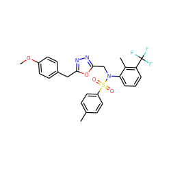 COc1ccc(Cc2nnc(CN(c3cccc(C(F)(F)F)c3C)S(=O)(=O)c3ccc(C)cc3)o2)cc1 ZINC000028823318