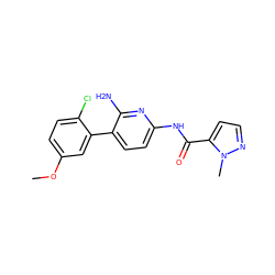 COc1ccc(Cl)c(-c2ccc(NC(=O)c3ccnn3C)nc2N)c1 ZINC000113428556