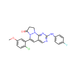 COc1ccc(Cl)c(C2=Cc3cnc(Nc4ccc(F)cc4)nc3N3CCC(=O)N23)c1 ZINC000036187656