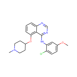 COc1ccc(Cl)c(Nc2ncnc3cccc(OC4CCN(C)CC4)c23)c1 ZINC000014949385