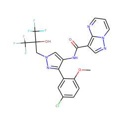 COc1ccc(Cl)cc1-c1nn(CC(O)(C(F)(F)F)C(F)(F)F)cc1NC(=O)c1cnn2cccnc12 ZINC000169266708