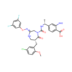 COc1ccc(Cl)cc1C[C@@H]1CN/C(=N\Oc2cc(F)cc(F)c2)CN(C(=O)N[C@H](C)c2ccc(C(=O)O)c(N)c2)C1=O ZINC000169707579