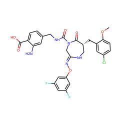 COc1ccc(Cl)cc1C[C@@H]1CN/C(=N\Oc2cc(F)cc(F)c2)CN(C(=O)NCc2ccc(C(=O)O)c(N)c2)C1=O ZINC000169707599