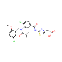 COc1ccc(Cl)cc1CN(C(=O)C(C)C)c1cc(C(=O)Nc2nc(CC(=O)O)cs2)ccc1Cl ZINC000299855038