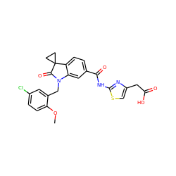 COc1ccc(Cl)cc1CN1C(=O)C2(CC2)c2ccc(C(=O)Nc3nc(CC(=O)O)cs3)cc21 ZINC000299858820