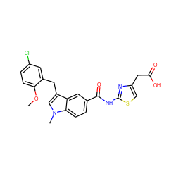 COc1ccc(Cl)cc1Cc1cn(C)c2ccc(C(=O)Nc3nc(CC(=O)O)cs3)cc12 ZINC000299859075