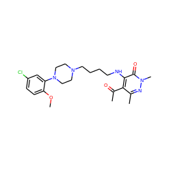 COc1ccc(Cl)cc1N1CCN(CCCCNc2c(C(C)=O)c(C)nn(C)c2=O)CC1 ZINC000013863393