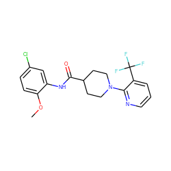 COc1ccc(Cl)cc1NC(=O)C1CCN(c2ncccc2C(F)(F)F)CC1 ZINC000169349277