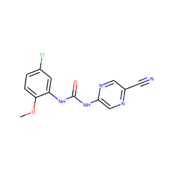 COc1ccc(Cl)cc1NC(=O)Nc1cnc(C#N)cn1 ZINC000043069560