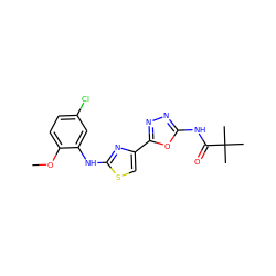 COc1ccc(Cl)cc1Nc1nc(-c2nnc(NC(=O)C(C)(C)C)o2)cs1 ZINC000299818909