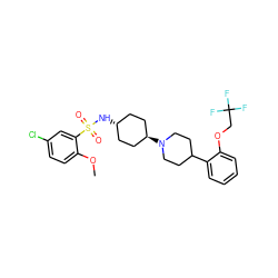 COc1ccc(Cl)cc1S(=O)(=O)N[C@H]1CC[C@H](N2CCC(c3ccccc3OCC(F)(F)F)CC2)CC1 ZINC000101132114