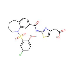 COc1ccc(Cl)cc1S(=O)(=O)N1CCCCc2ccc(C(=O)Nc3nc(CC(=O)O)cs3)cc21 ZINC000140276734